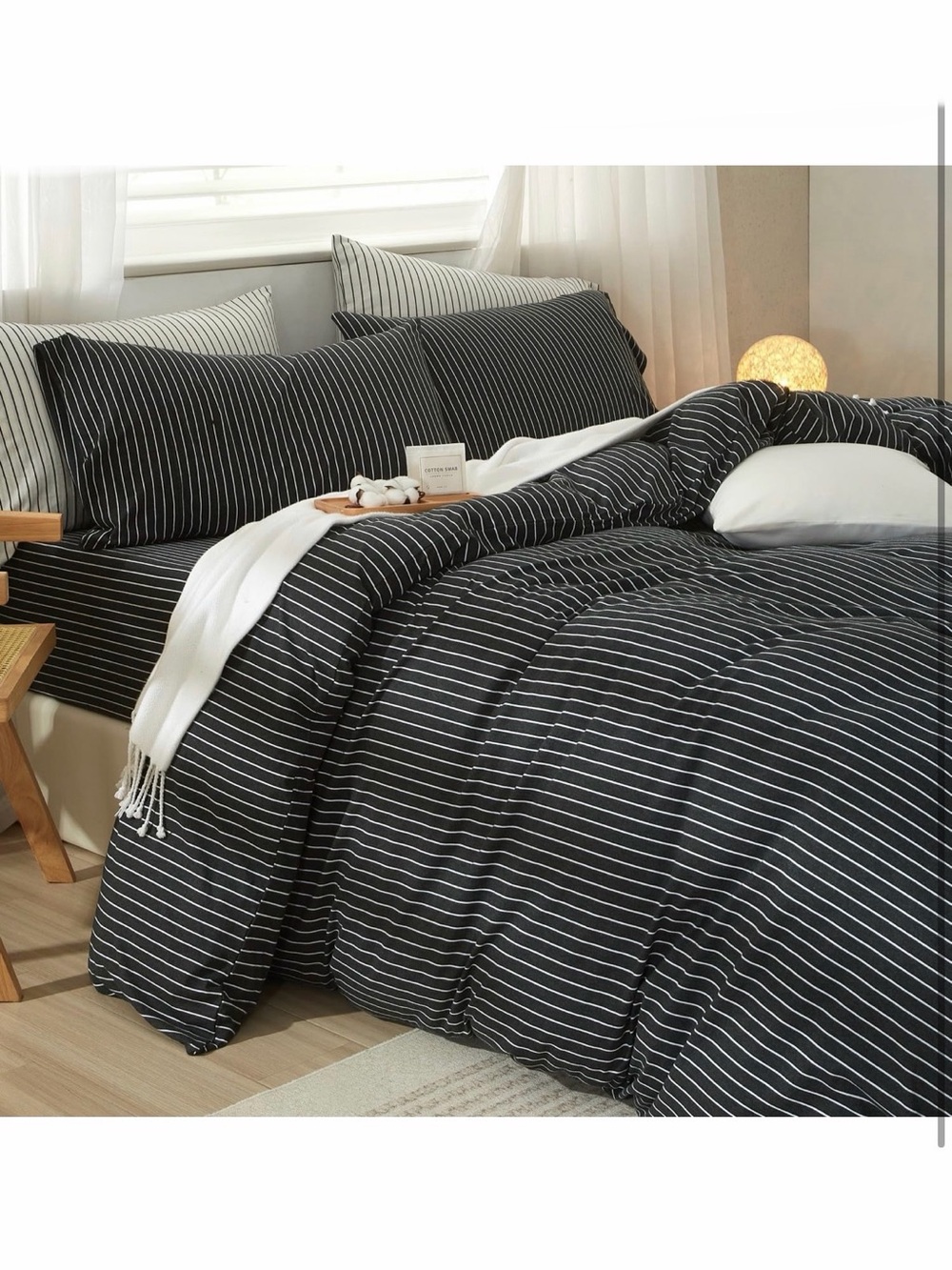 Heathered Charcoal White Stripes King Jersey Knit Cotton Duvet Cover Set
